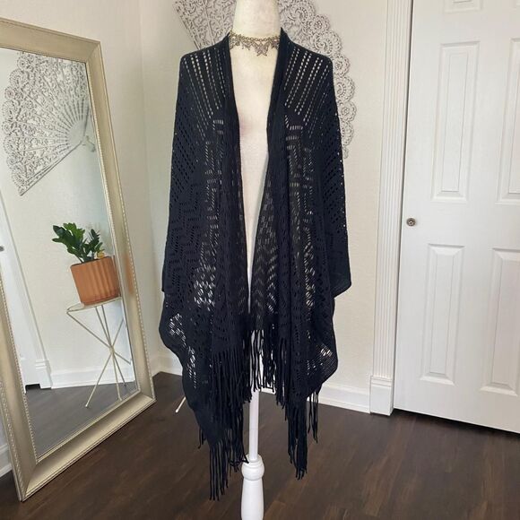 Whimsygoth Asymmetric Black Soft Fringe Long Open Front Poncho Shawl Top OS - Picture 2 of 8